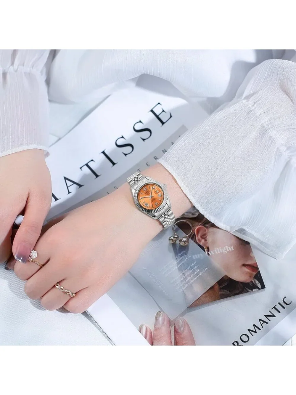 Nibosi Women's Silver And Orange Analog Stainless Steel Waterproof Luxury Watch